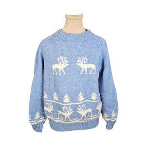 Vintage Light Blue and White Moose Holiday Sweater Sz L